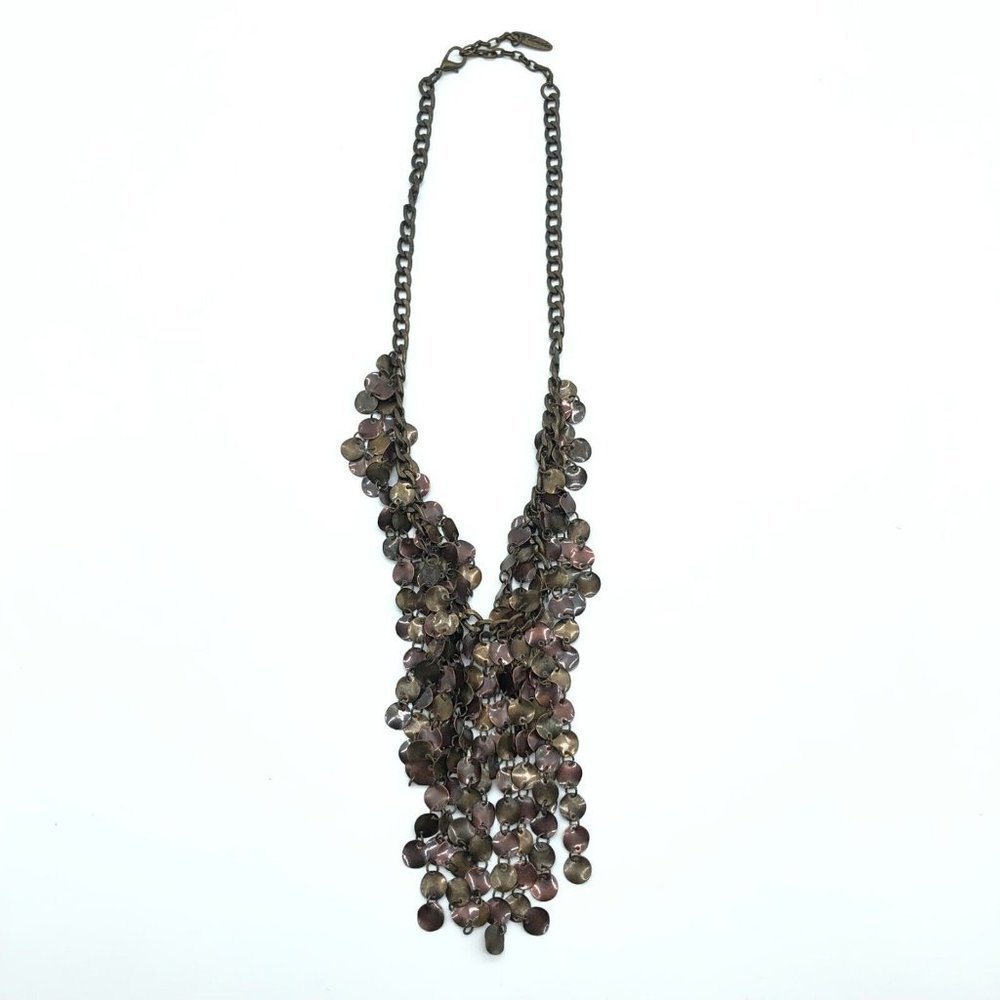 Plunder Copper Brass Tone Bib Necklace Tiered Metal Disc Fringe
